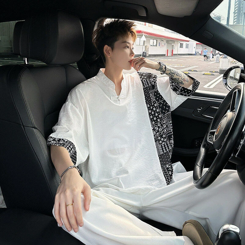 夏季薄款冰感透气棉麻T恤男新中式国风盘扣短袖上衣拼接宽松体恤