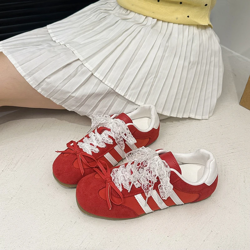 网红~ 蕾丝蝴蝶结内增高德训鞋女2025季复古真皮休闲小白鞋板鞋