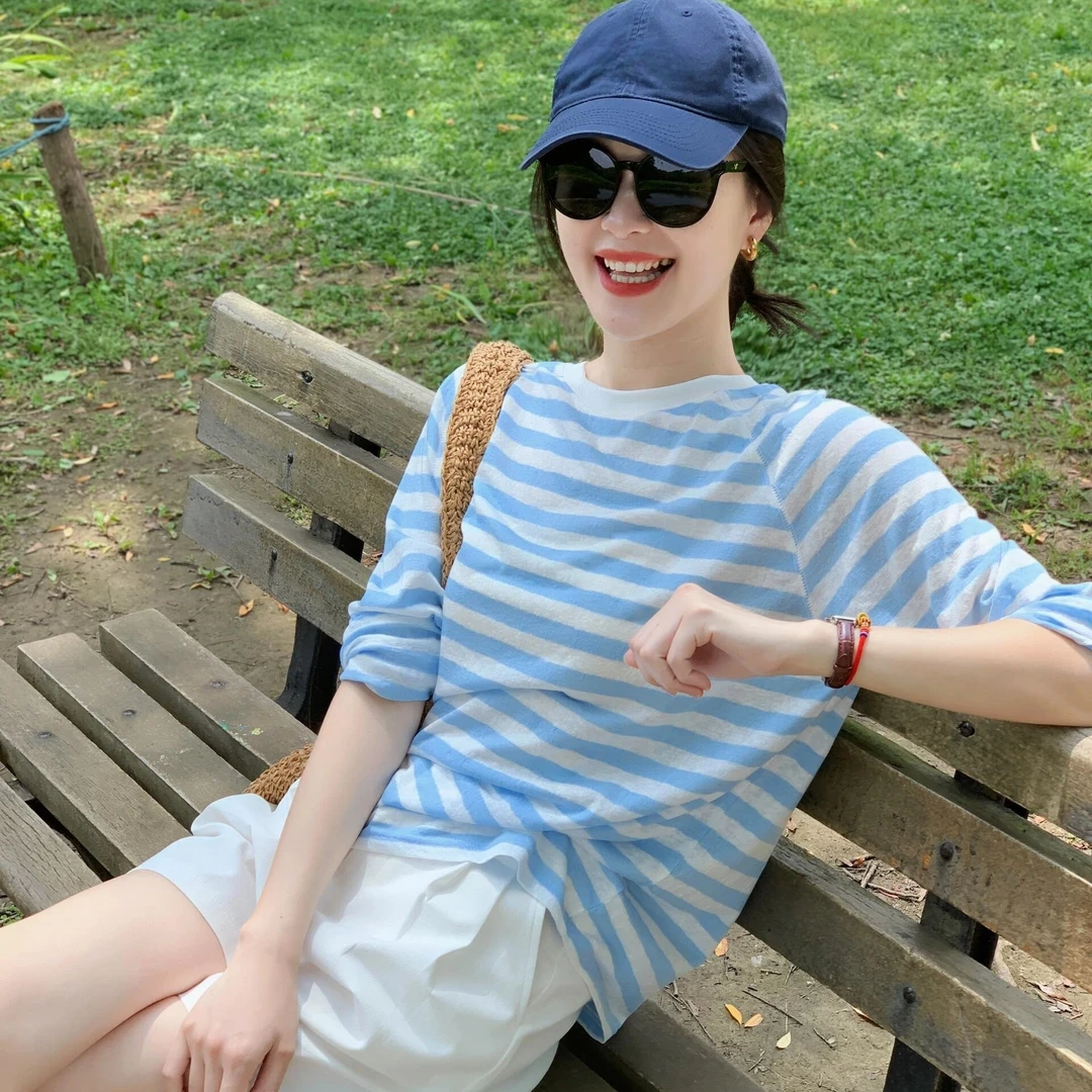 夏季薄款条纹长袖T恤女款洋气上衣针织衫宽松外搭防晒空调衫罩衫