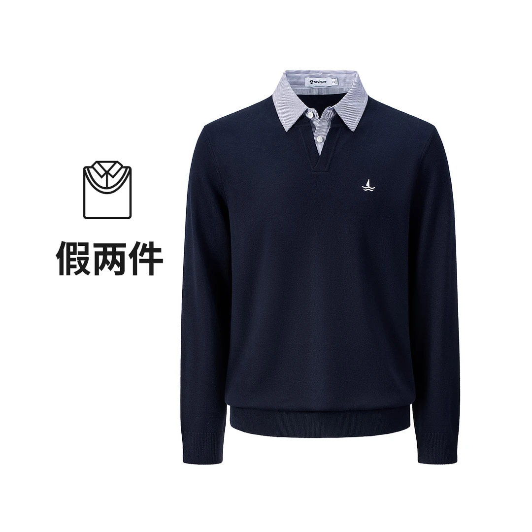[假两件]navigare意大利小帆船轻商务衬衫领针织衫男秋冬套头上衣