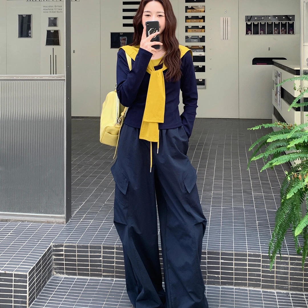 秋季时尚百搭束脚阔腿休闲裤拼色长袖针织披肩套装女显瘦早秋气质