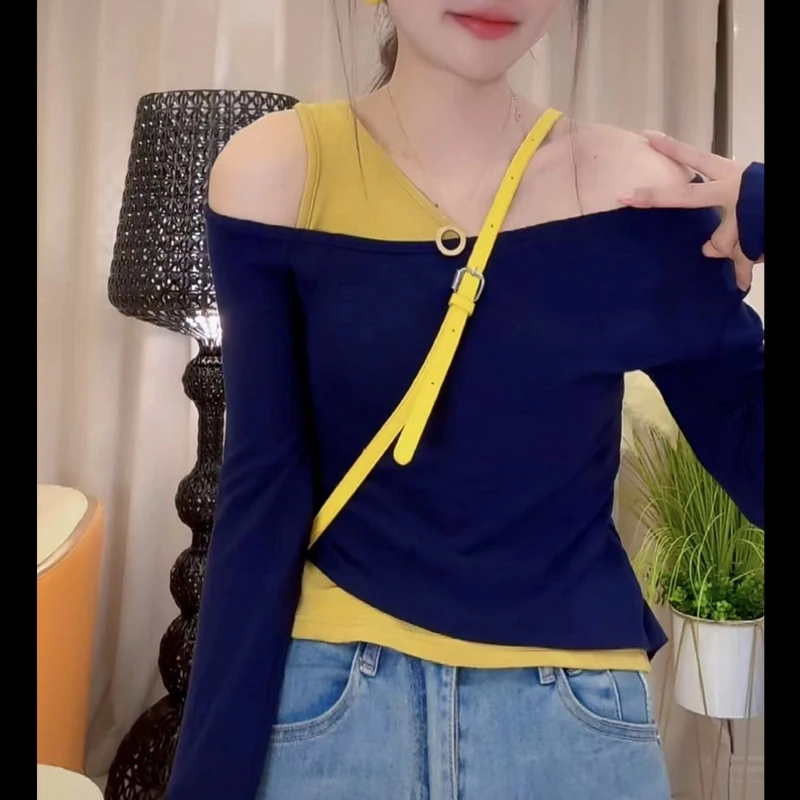 【慧美家】2025春季新款洋气撞色露肩假两件吊带长袖T恤2016