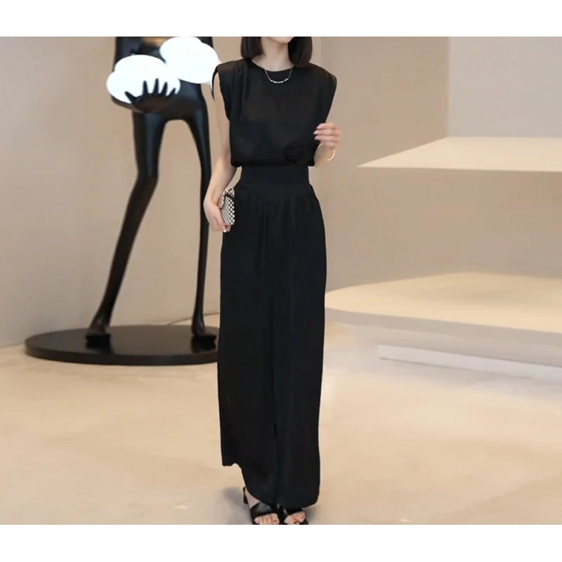 休闲气质无袖背心上衣套装女夏季显瘦设计感小众高腰阔腿裤两件套