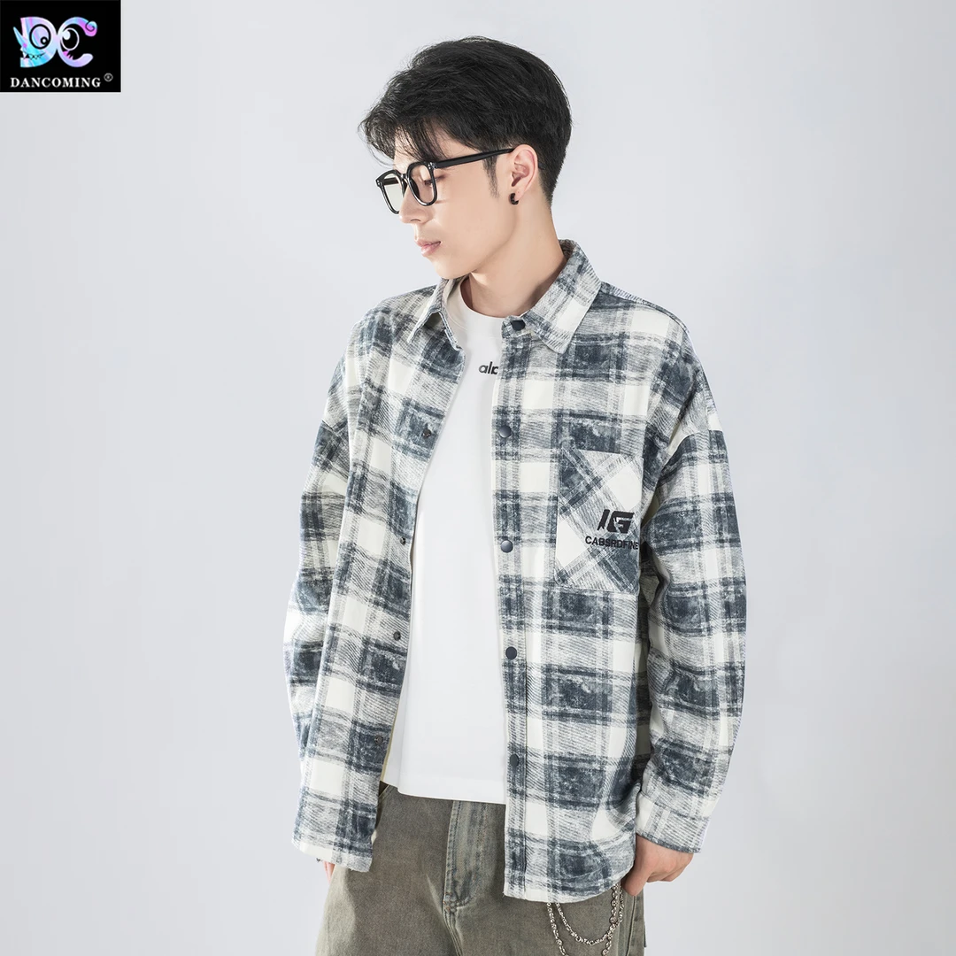DANCOMING2025秋季新款美式复古格子衬衫潮牌宽松男士休闲外套