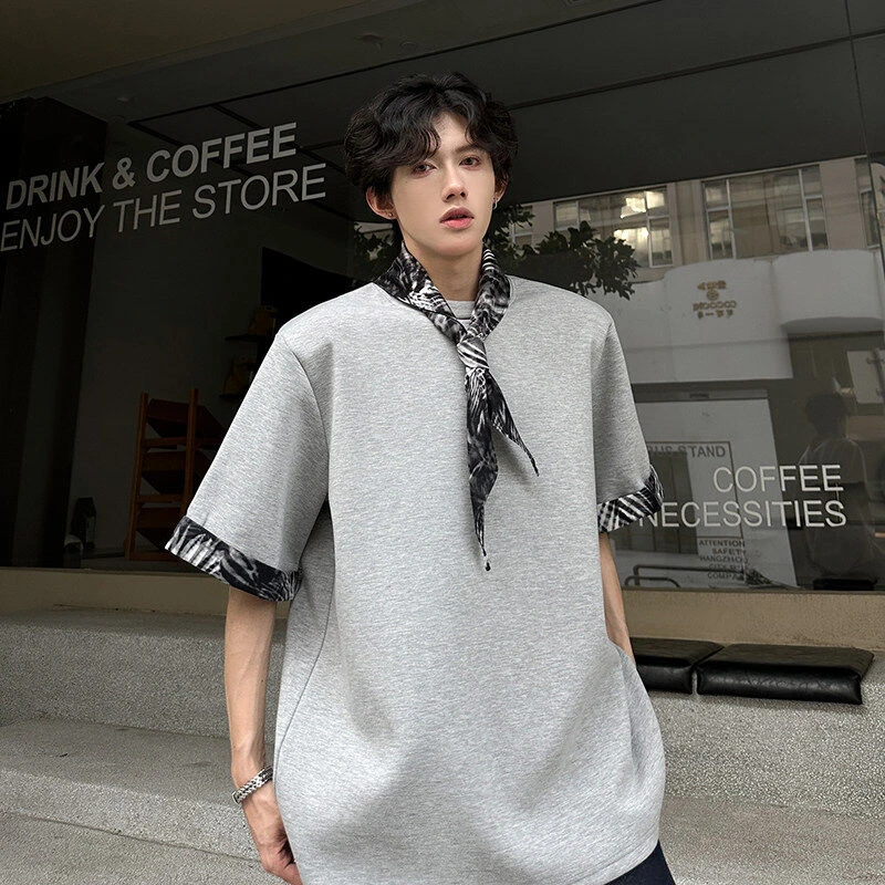 夏季美式重磅垫肩短袖T恤男小众可拆卸豹纹丝巾设计感痞帅半袖t潮