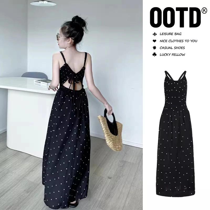 女童设计感连衣裙夏季2025新款女孩大童洋气裙子高级感露背吊带裙