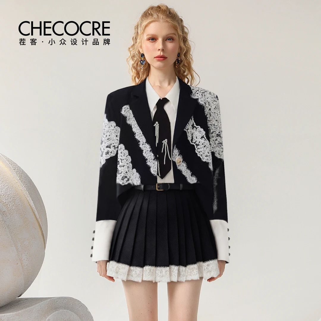 茬客2025新款长袖直下摆磨毛短外套拼接黑色欧若新中式CM51079AB