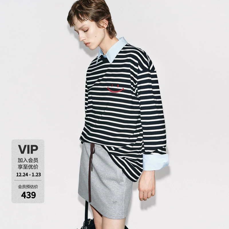 MOCO长袖T恤2025冬新品SMILEY联名系列棉条纹绣花笑脸MBE4TEET01