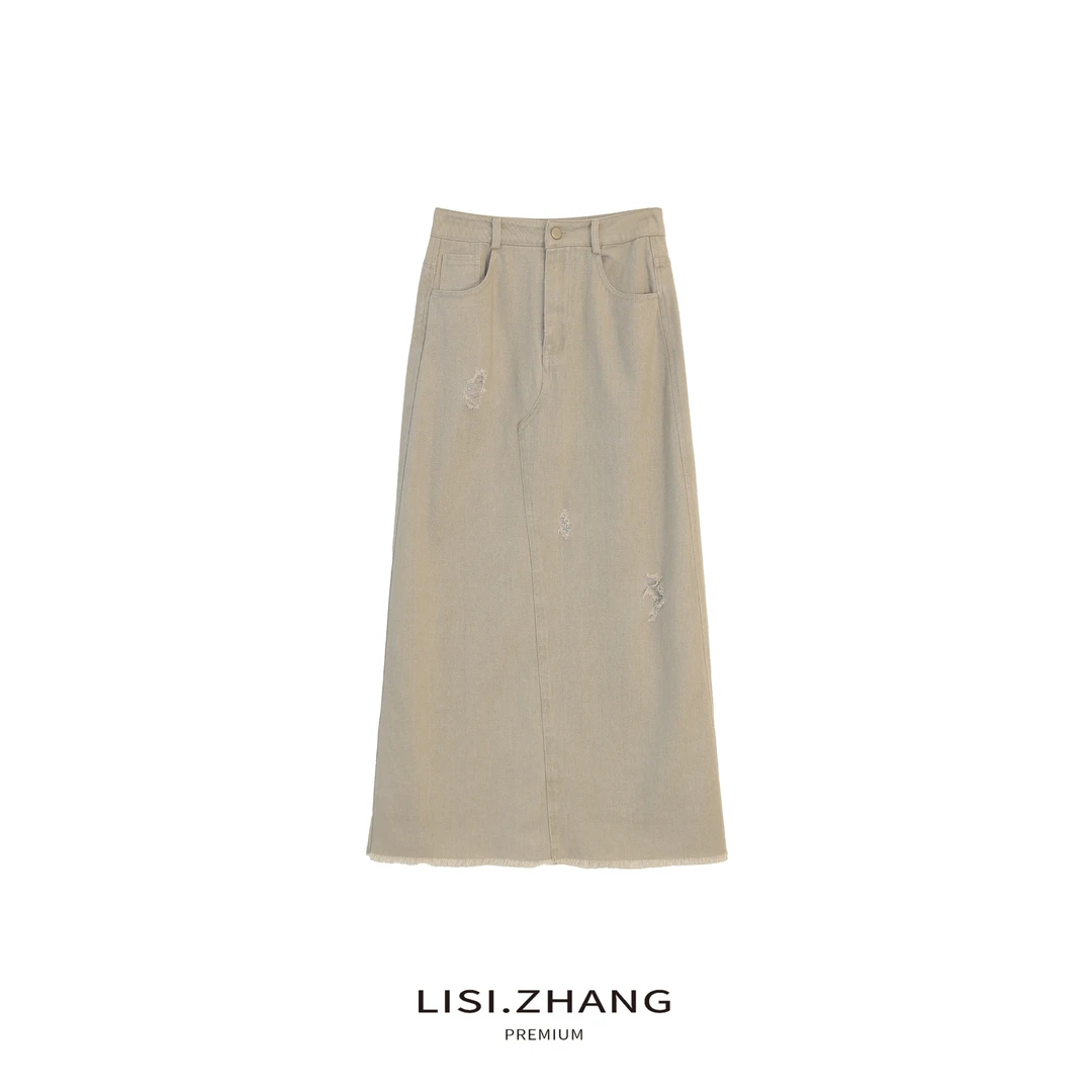 LISI.ZHANG--【牛仔半身裙】纯色百搭磨破棉感直筒牛仔半身长裙
