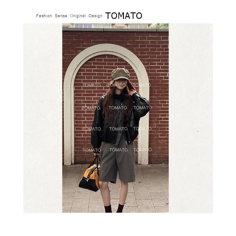 TomaTo-飒意-时尚宽松短款外套女皮衣百搭休闲夹克上衣C25S7952