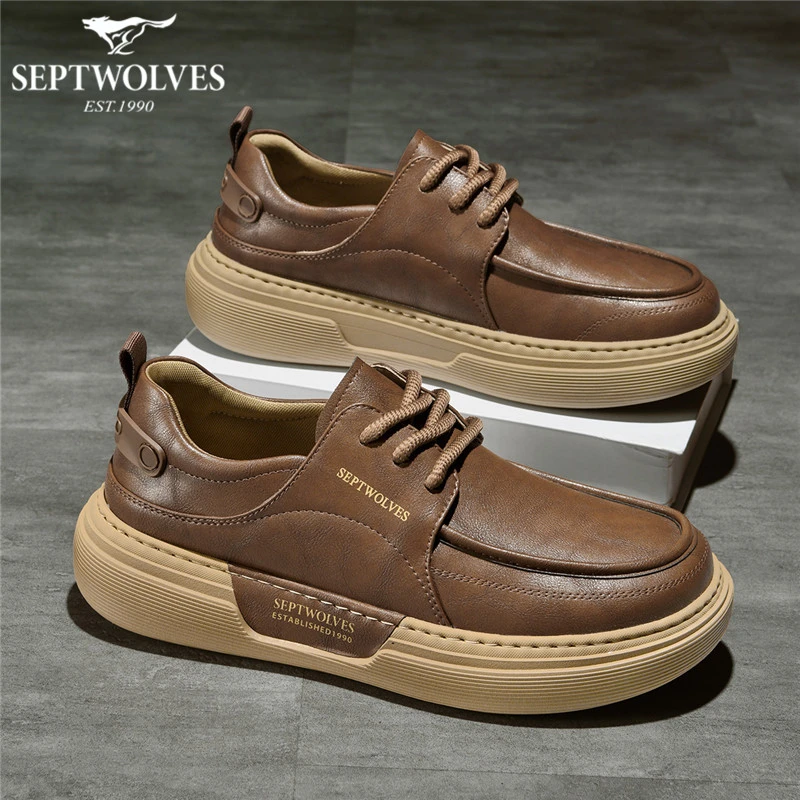 七匹狼男鞋2025新款秋冬复古棕色休闲皮鞋男百搭耐磨厚底工装板鞋