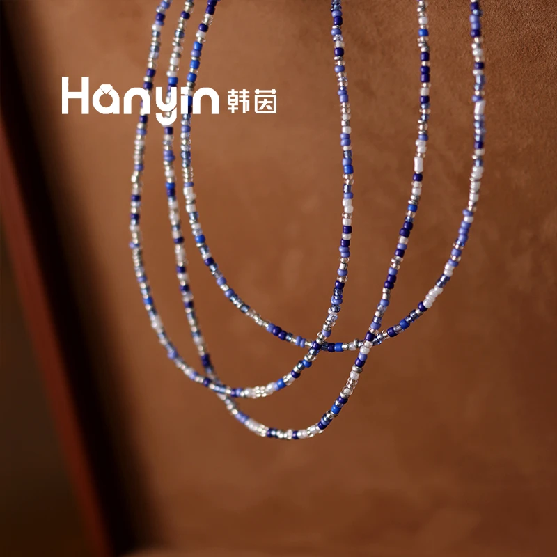 钛钢仿水晶项链 2mm小米珠蓝白田园风不掉色项链轻奢高级感锁骨链