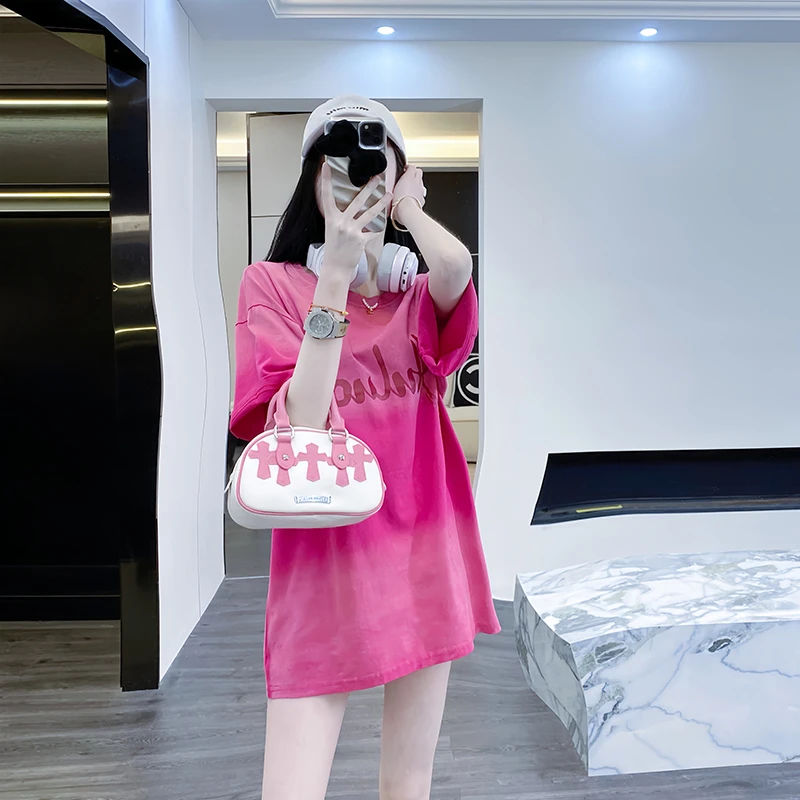 玫红色短袖女t恤夏季纯棉2025新款欧货大版设计感小众别致上衣