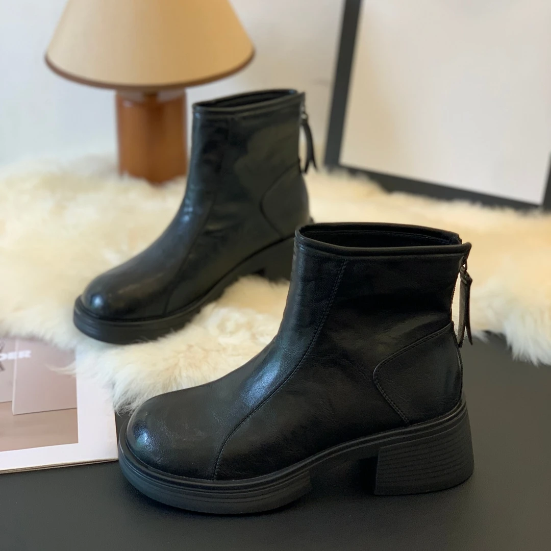 厚底粗跟圆头小众拼接后拉链时装短靴2025秋冬新款英伦复古马丁靴