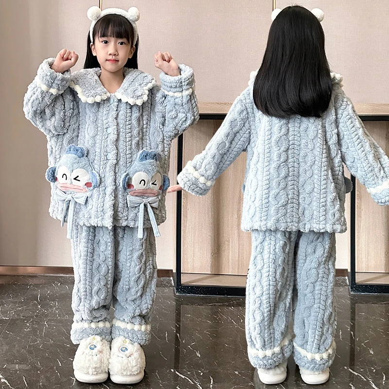 女童睡衣秋冬新款珊瑚绒儿童开衫加绒女孩大童公主洋气亲子家居服