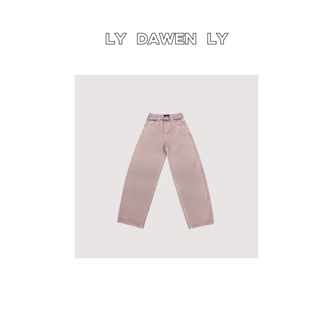 DAWEN  | 定染皮粉色显瘦遮肉弯刀牛仔裤（带腰带） M105#