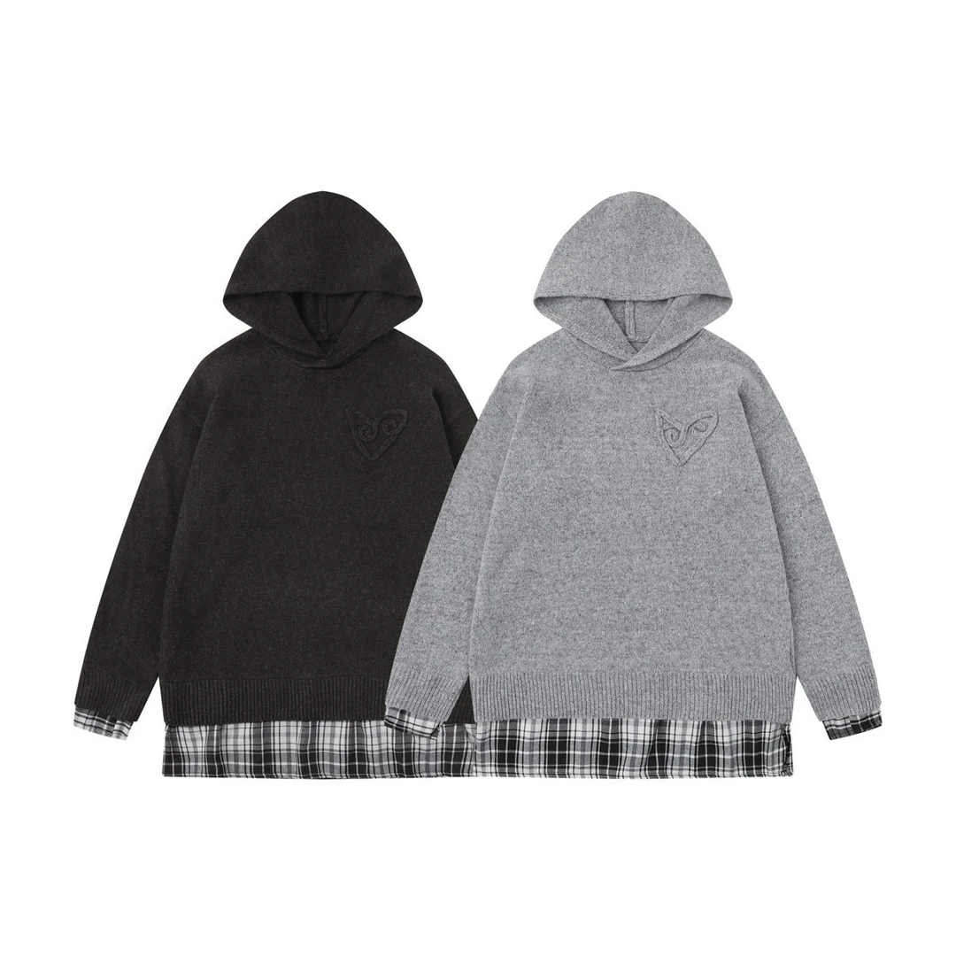 邦欧罗美式复古格纹拼接连帽毛衣男女宽松慵懒风假两件街头针织衫