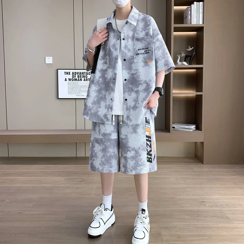 扎染衬衫套装夏季男士套装冰丝泡泡纱休闲宽松痞帅气潮流短袖短裤