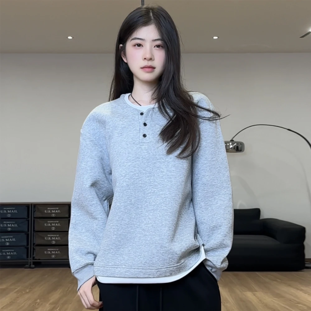 猎雀休闲亨利领假两件卫衣长袖简约设计师纯色秋季运动慵懒风