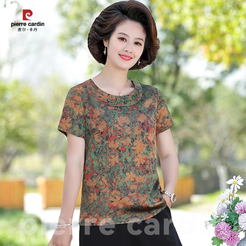 皮尔卡丹2025新款中老年妈妈夏装洋气时尚国风新中式印花宽松T恤