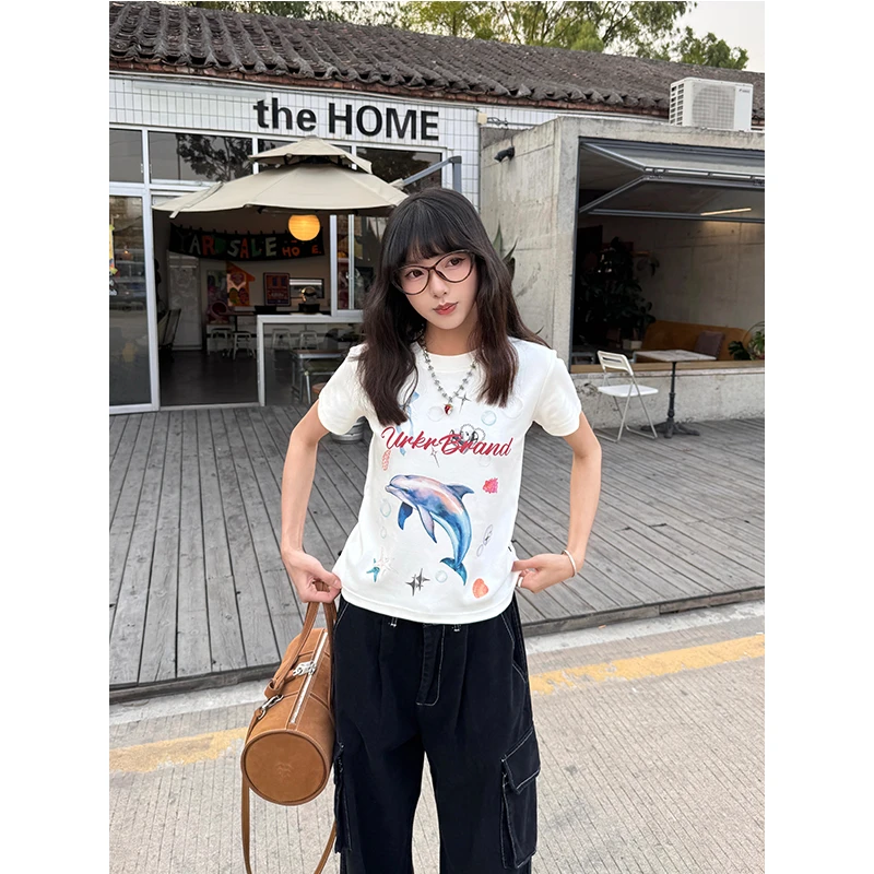 URKR原创海豚印花正肩短袖T恤女修身显瘦夏季辣妹上衣美式复古潮