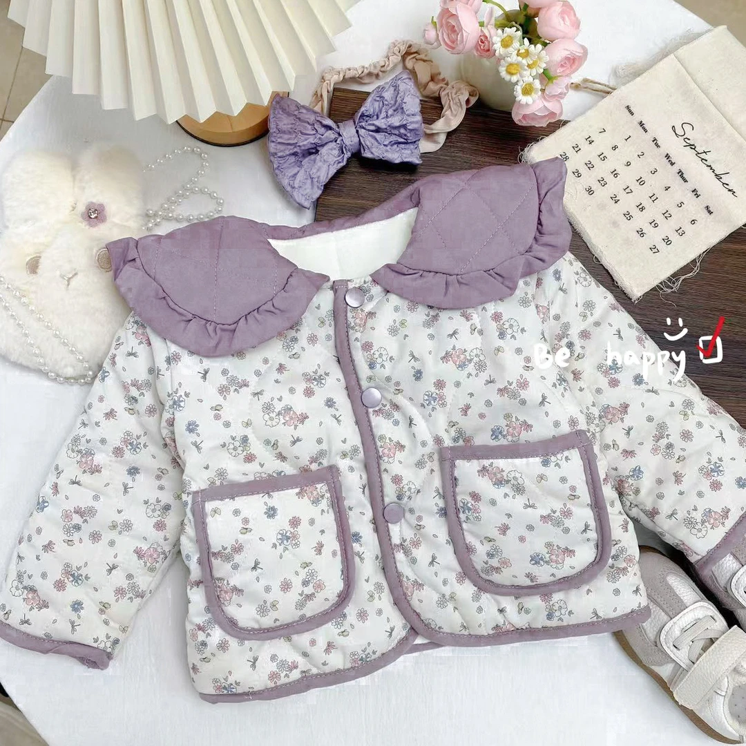 【芋泥啵啵】冬款加厚款紫领双兜碎花极简风女宝外套棉袄WL-X-D502