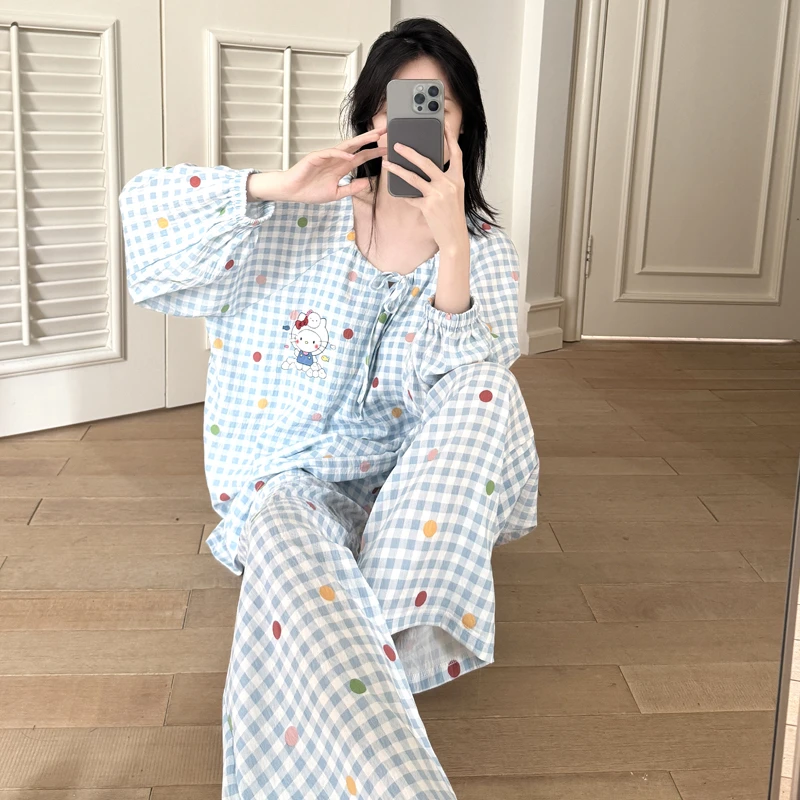 蓝色格子印花睡衣女春秋长袖长裤休闲宽松可外穿云朵棉居家服套装