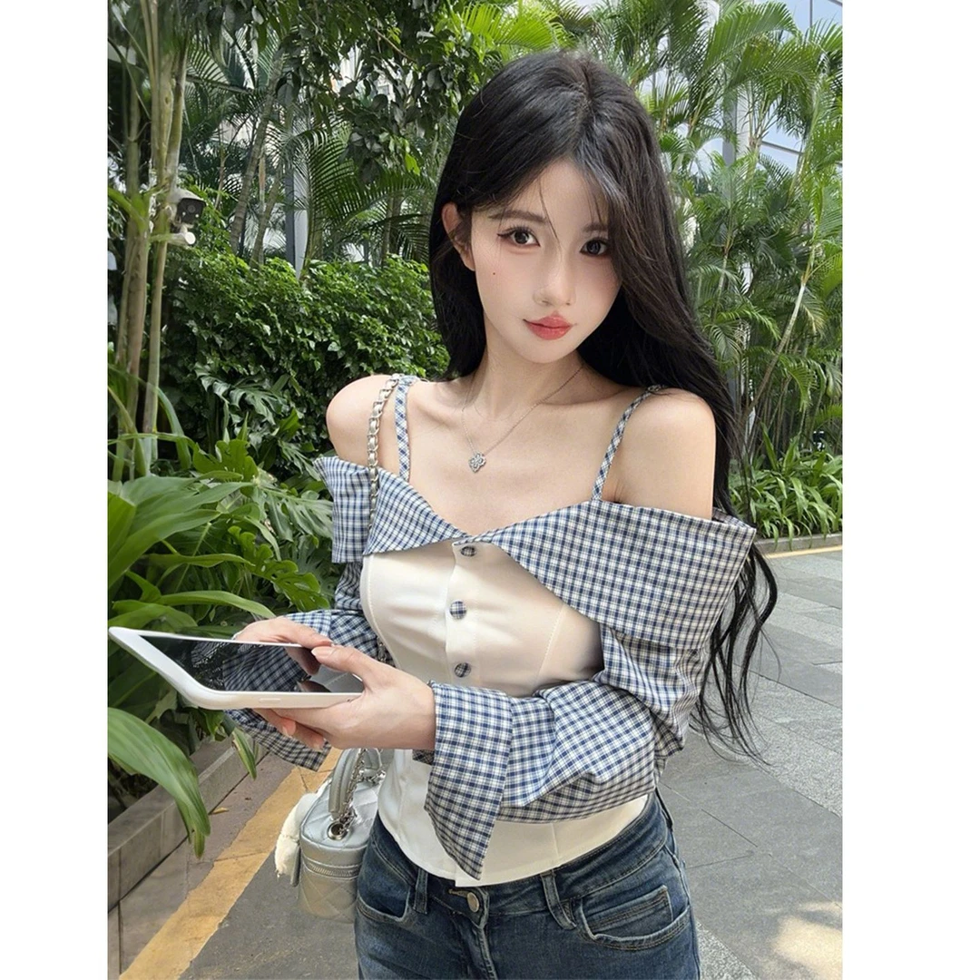 一字肩格子衬衫女秋季辣妹露肩鱼骨上衣假两件衬衣