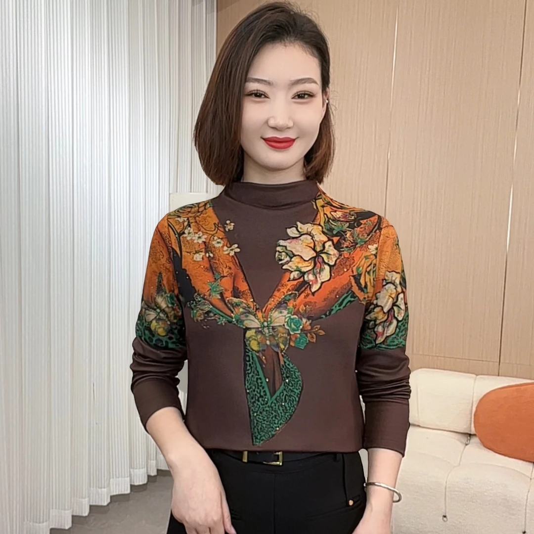 2025年秋冬新款半高领时尚百搭洋气修身印花长袖女士打底衫P7236