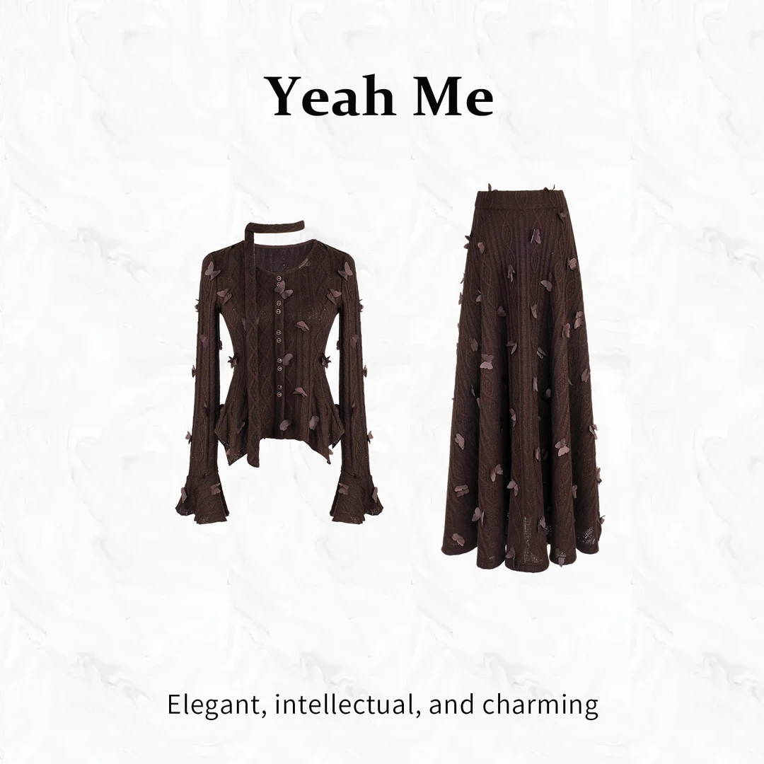 Yeah Me-也觅【赫兹蝶舞】秋季新款美拉德优雅气质蝴蝶半身裙套装女