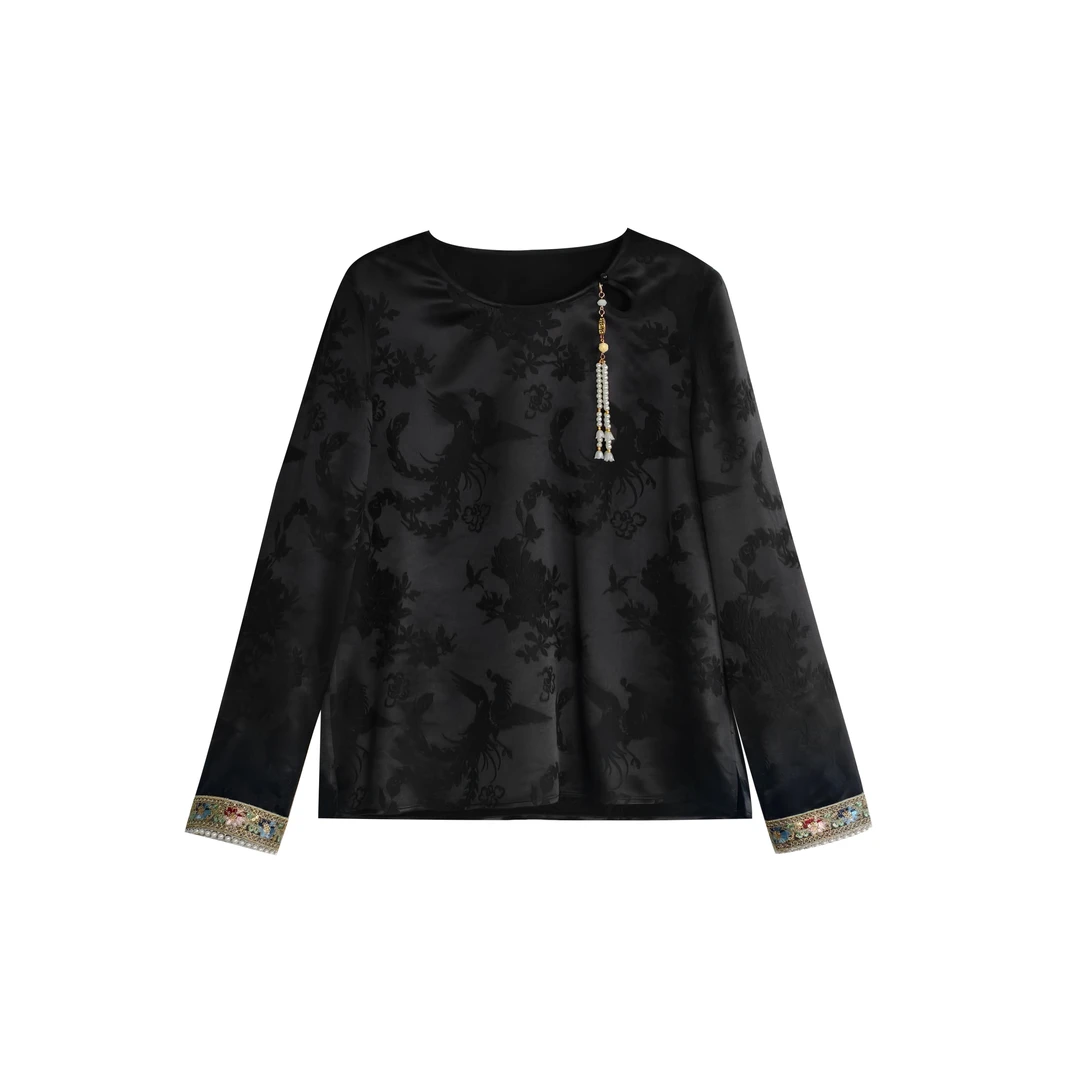 【双旦福利】春景 新中式国风桑蚕丝圆领提花长袖休闲上衣 D2501