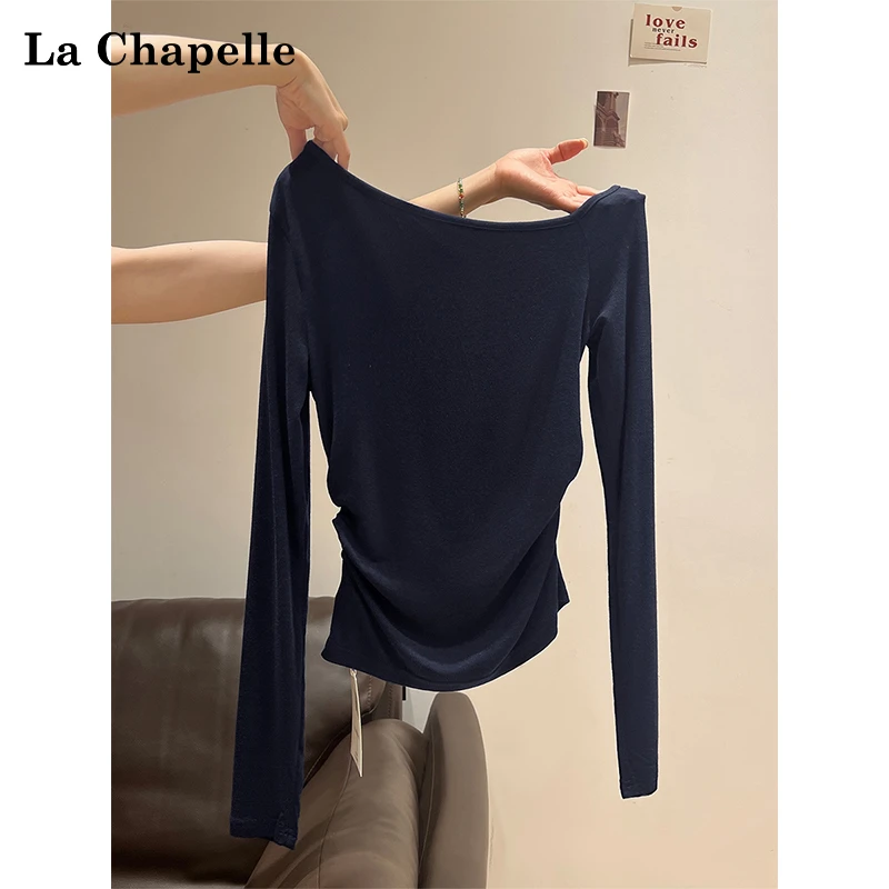 拉夏贝尔斜肩内搭长袖t恤女秋季新款褶皱收腰显瘦打底设计感上衣