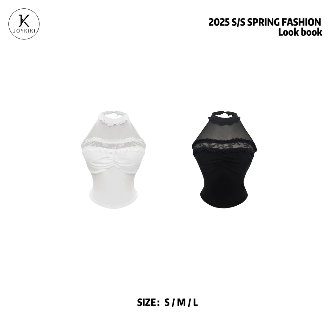 JOY KIKI金金【堕天使甜心】夏季无袖挂脖蕾丝纯欲弹力T恤 J25B538