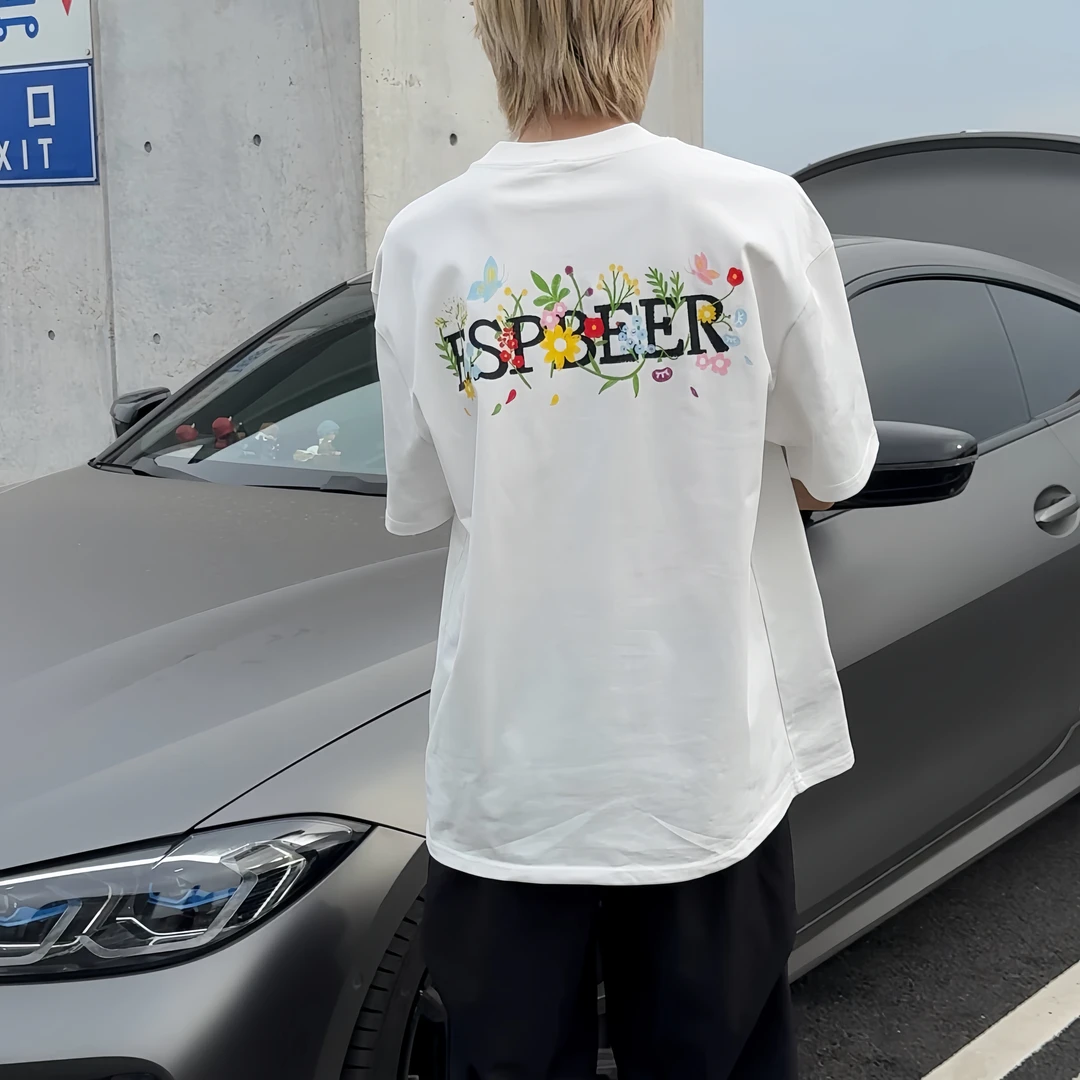 花卉印花t恤情侣款夏季重磅纯棉短袖正肩美式高街半截袖