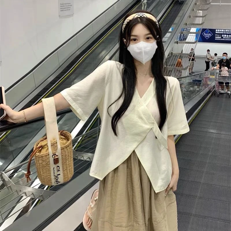 A4754夏季新款国风不规则十三行seven家v领短袖衬衫上衣