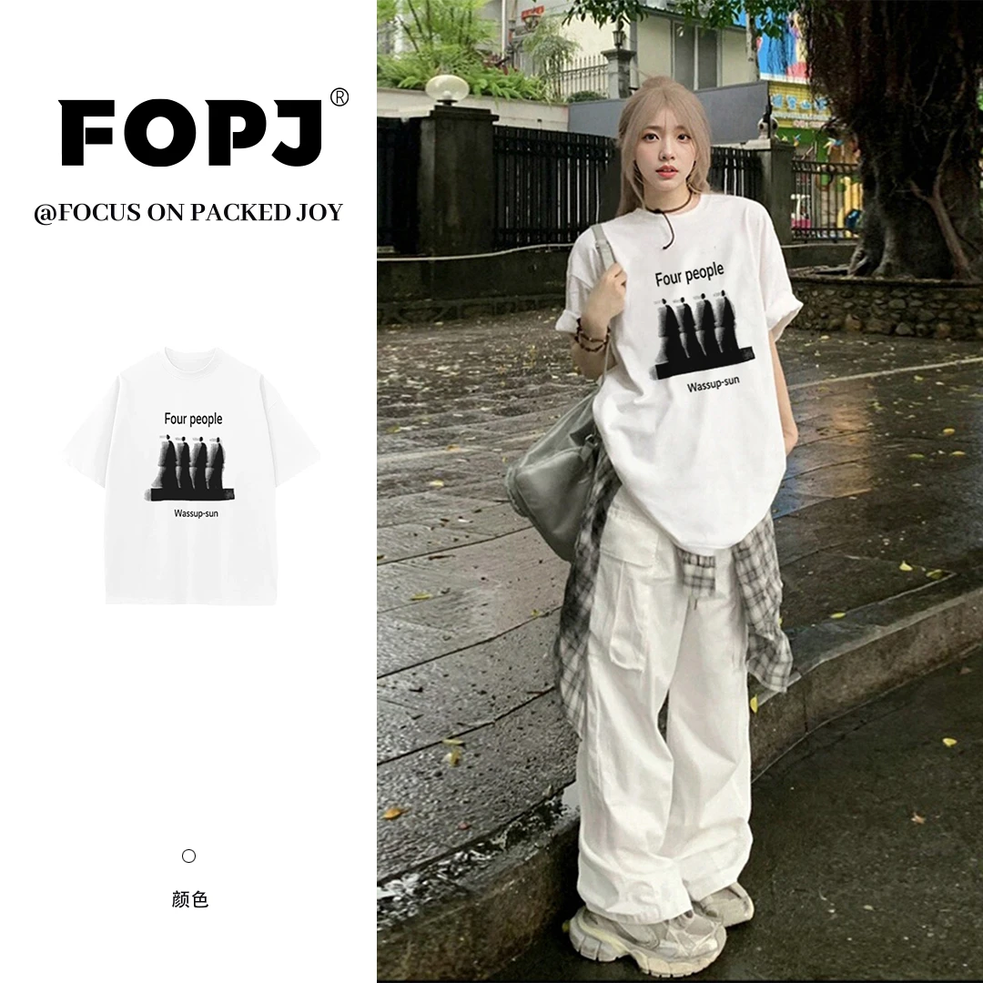 FOPJ韩版休闲纯棉圆领设计感印花短袖t恤女街头ins慵懒风百搭上衣