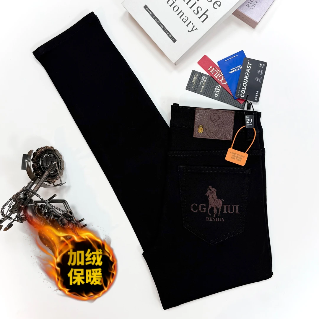 2025男士冬季加绒保暖升级黑色不掉色弹力修身小直筒美式牛仔裤