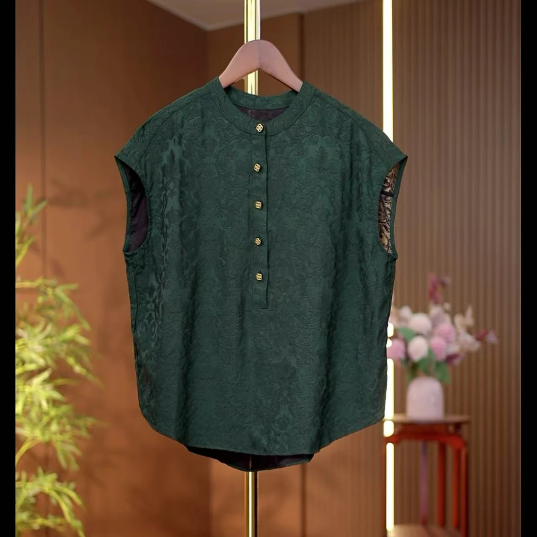 梅花-新中式国风梅花扣绿色无袖小衫0198
