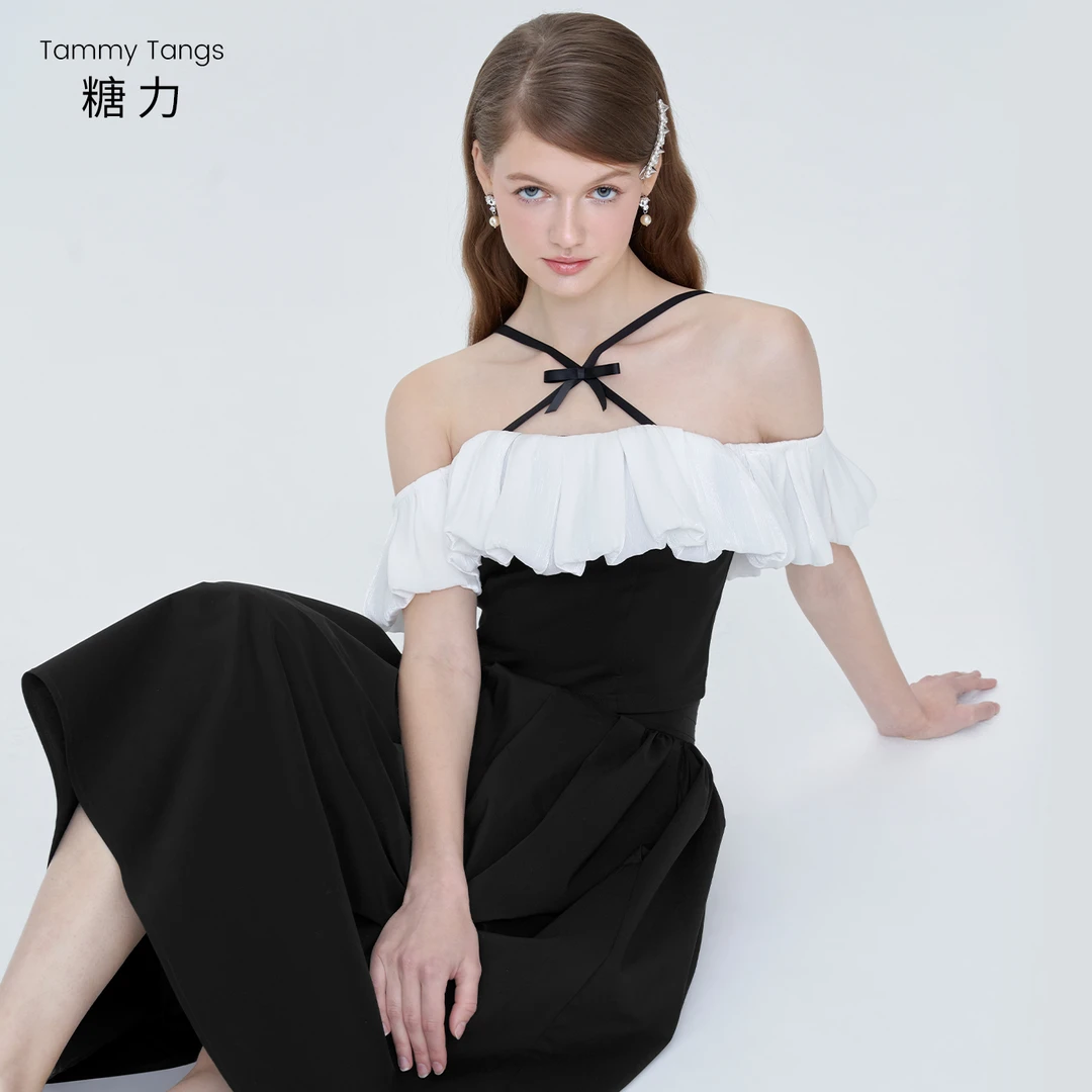 【老板娘夏天】糖力 设计感拼色流光缎感交叉挂脖一字肩上衣短款