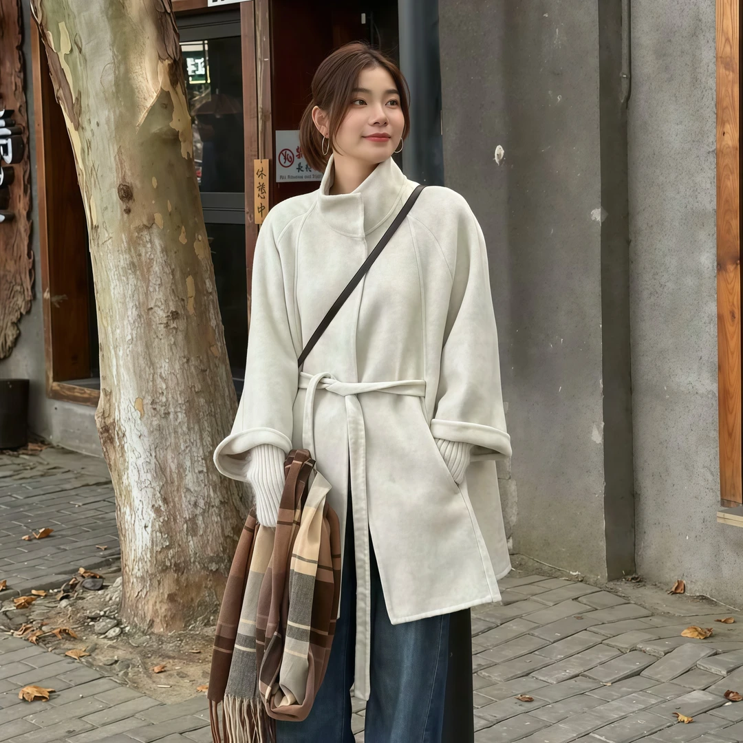 2025年秋冬新款轻奢简约双面大衣时尚气质百搭带腰带设计立领外套