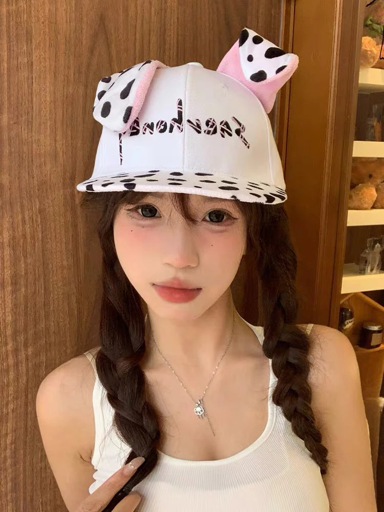 可爱斑点小狗耳朵棒球帽女y2k辣妹显脸小平檐鸭舌帽亚文化帽子潮