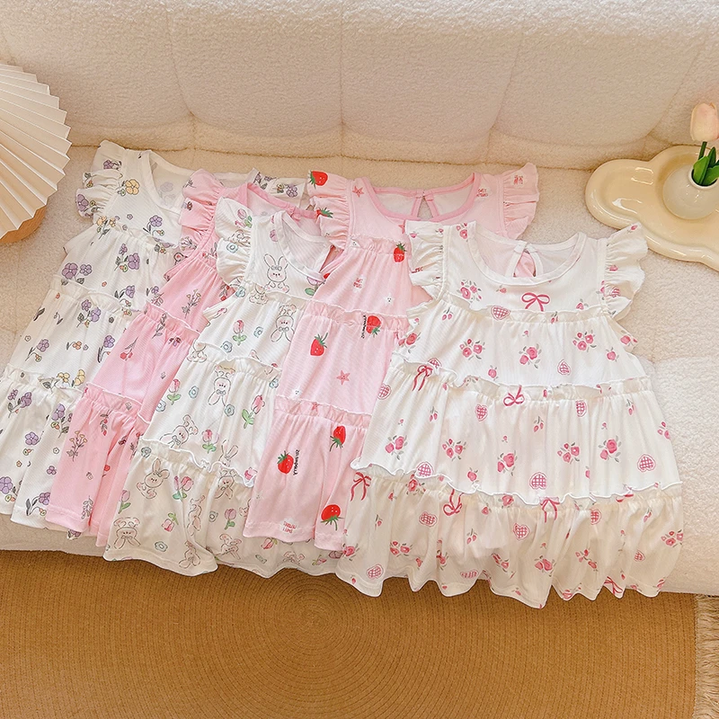 女童夏季新款冰丝连衣裙小飞袖设计碎花公主裙女宝甜美风小清新裙