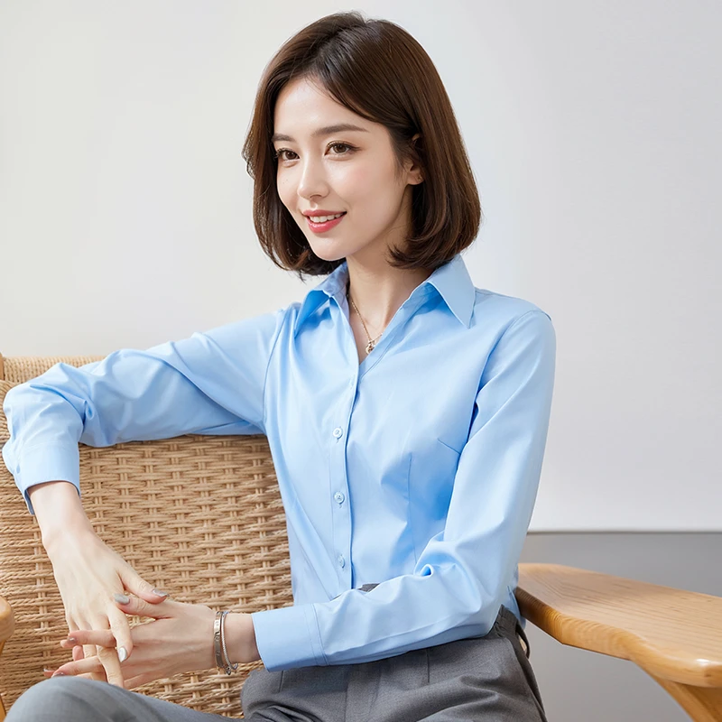 竹纤维女士V领蓝色长袖衬衫抗皱免烫修身职业装销售工服面试装