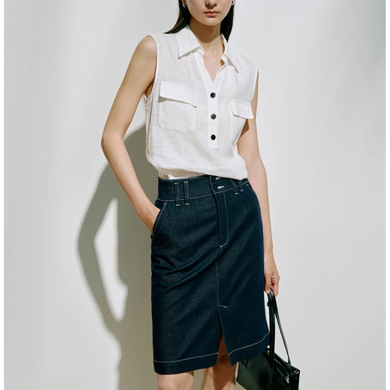 -新款艾家同款亚麻无袖白气质上衣女时尚百搭50435032