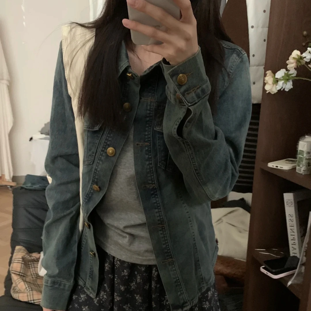 复古polo领牛仔衬衫女春秋修身显瘦高级感气质长袖上衣