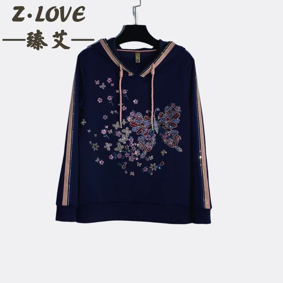 【蝶幻花漾奢钻】欧韩常规连帽中长款花朵秋季卫衣长袖重工女装休