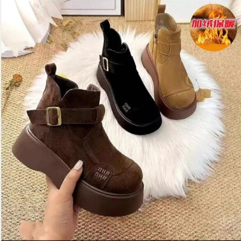 【冬季新款】爆款绒面二棉保暖雪地靴冬季女靴厚底软底薄绒马丁靴女