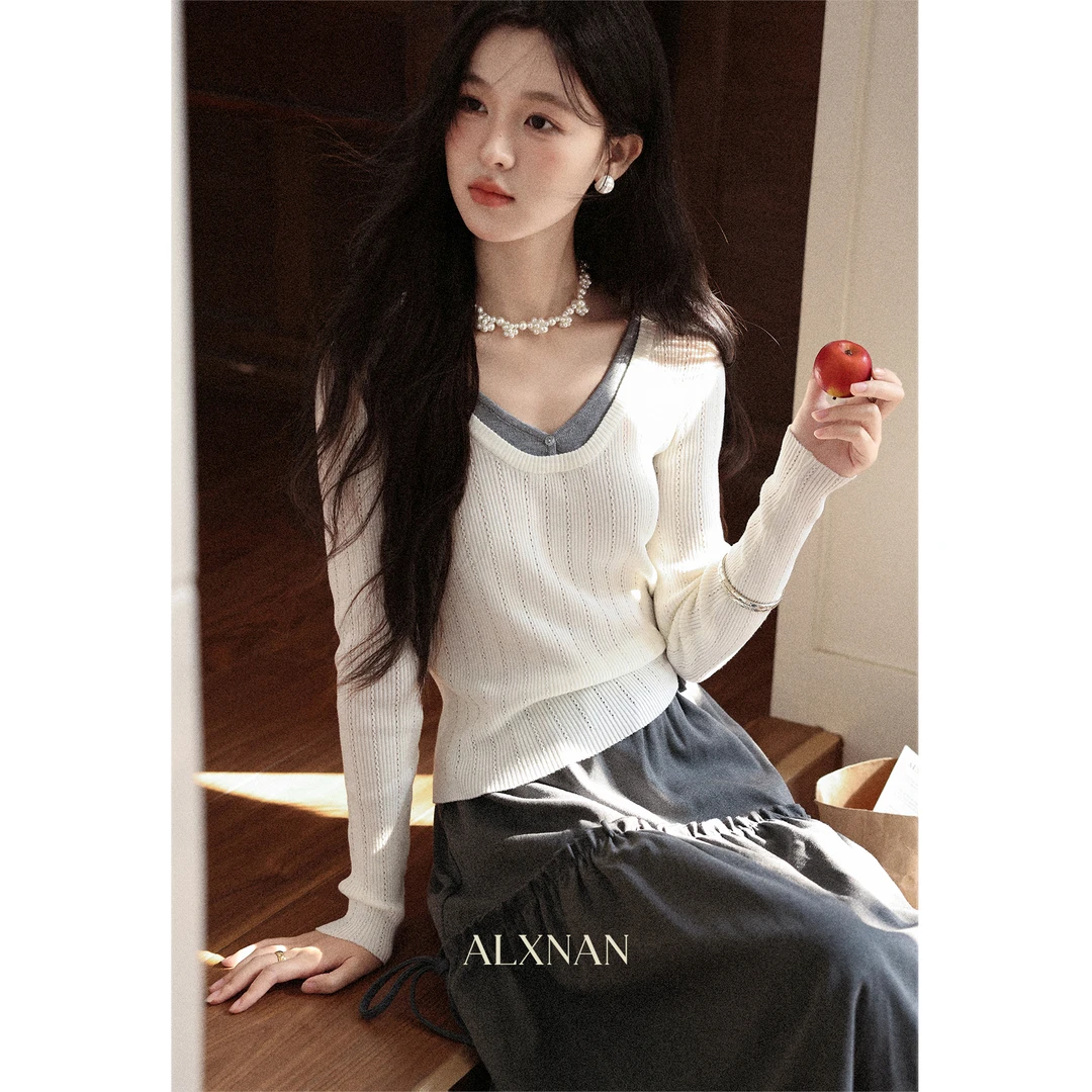 【清清】假两件米白色V领长袖针织衫高级感上衣女初秋L57219