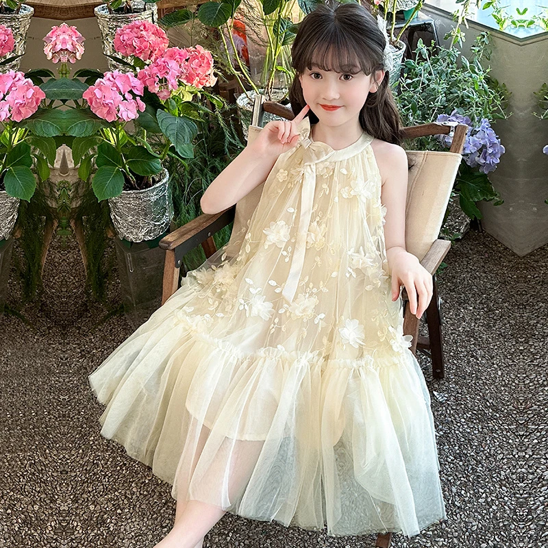 女童连衣裙夏装2025新款洋气儿童夏季公主裙女孩蓬蓬纱挂脖吊带裙