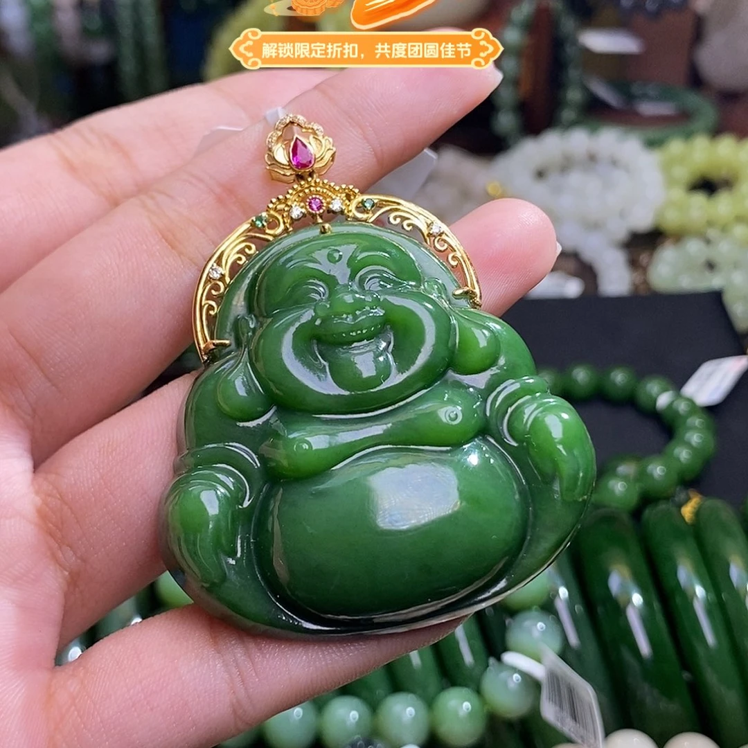 未镶嵌手链和田玉碧玉辣绿毕业级老矿料金镶佛公